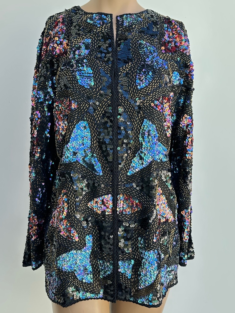 Vintage Women's Black Sequin Jacket with Iridescent Blue Accents 80s 90s